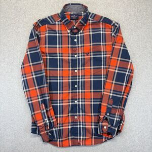 American Eagle Outfitters Button Down Shirt Mens M Orange Blue Plaid Long Sleeve